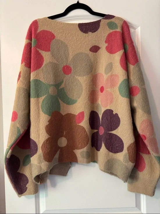 5XL-Floral Pattern V-Neck Cardigan Sweater in Beige with Pink & Green - Picture 6 of 6